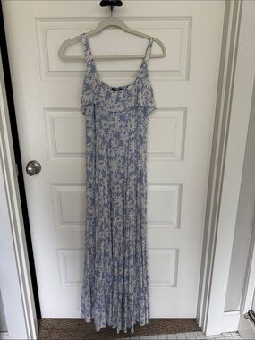 PAIGE Light Blue Daisy Print Maxi Dress with Ruffle Neckline